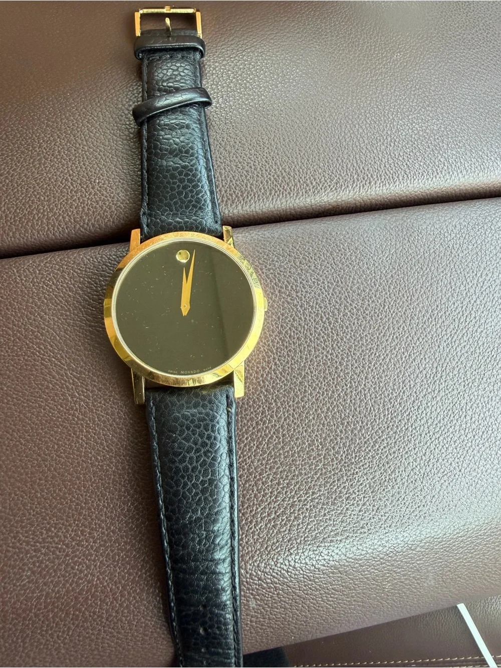 Movado Gold-Tone Black Dial Men’s Dress Watch with Black Leather Strap